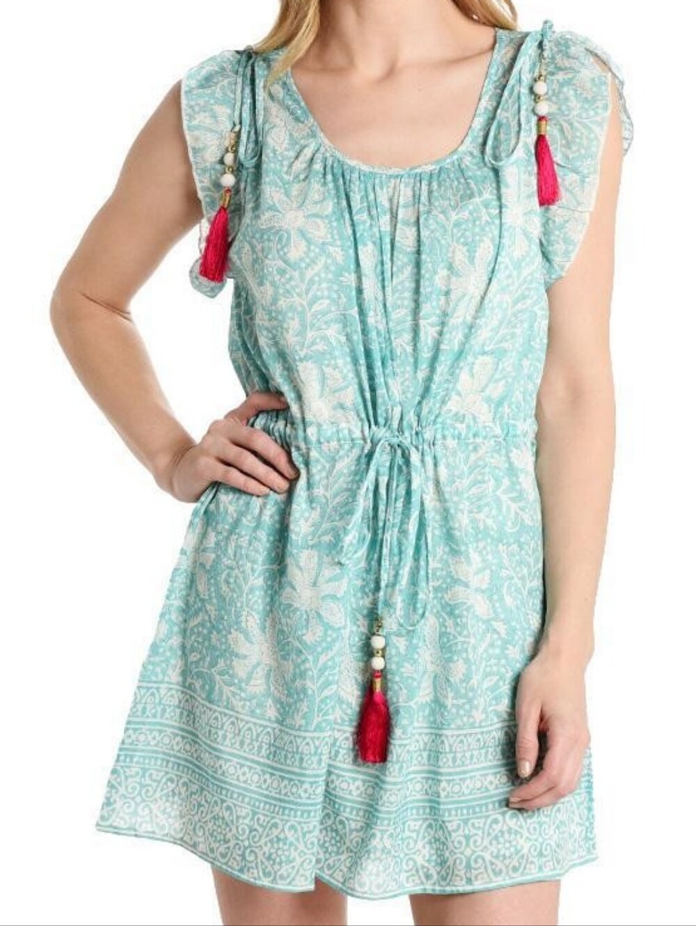 Alicia Bell Block-Printed Silk-Cotton Mini Dress Size S Teal Beach Resortwear